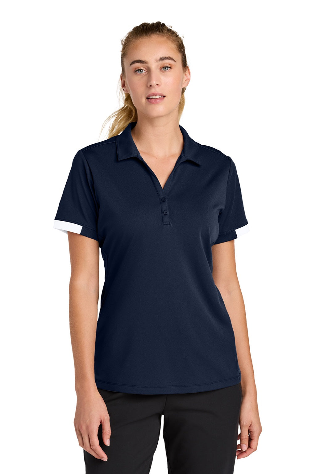 Sport-Tek LST444 Womens Club Colorblock Moisture Wicking Short Sleeve Polo Shirt True Navy Blue/White Model Front