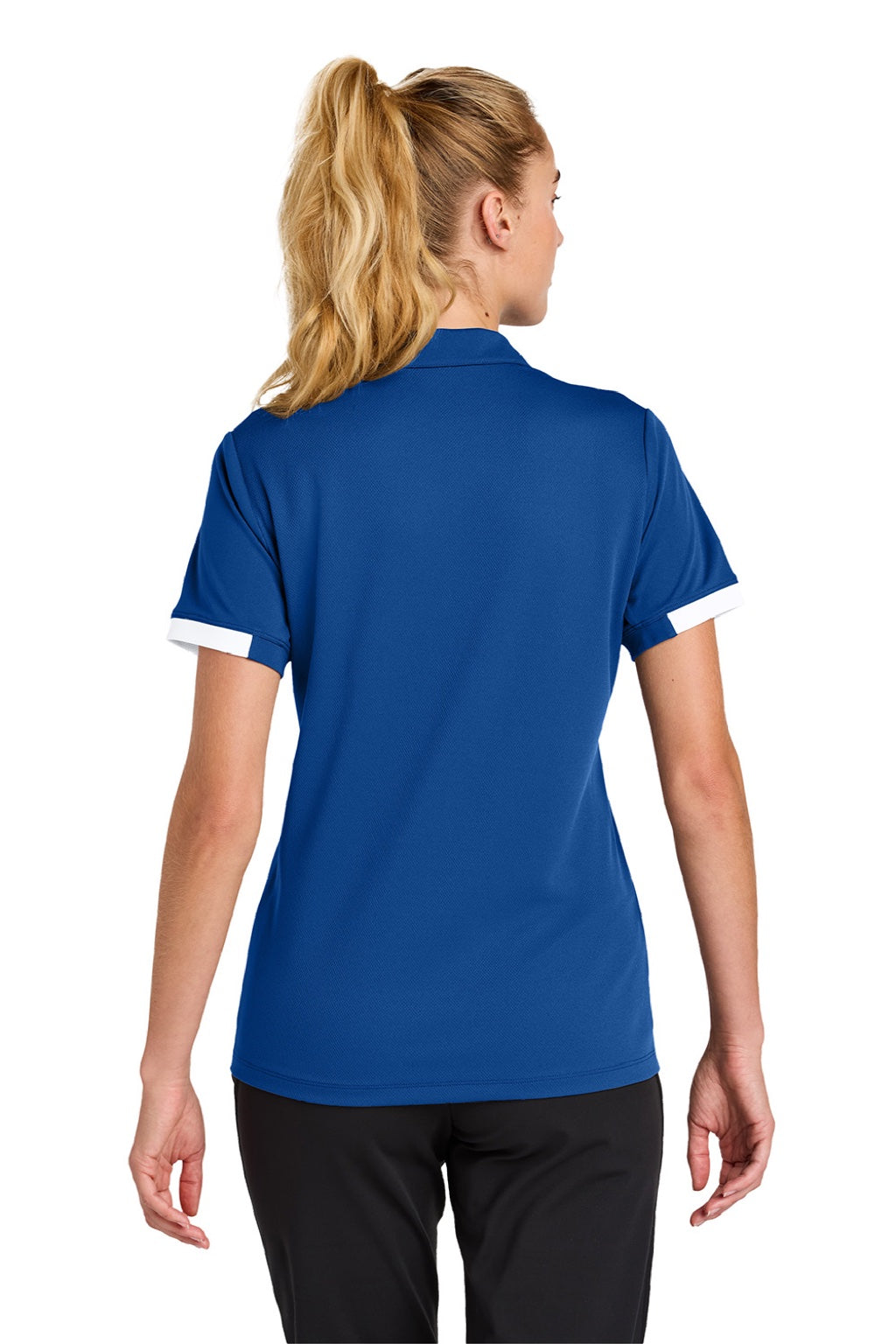 Sport-Tek LST444 Womens Club Colorblock Moisture Wicking Short Sleeve Polo Shirt True Royal Blue/White Model Back