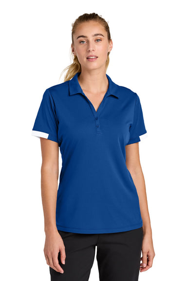 Sport-Tek LST444 Womens Club Colorblock Moisture Wicking Short Sleeve Polo Shirt True Royal Blue/White Model Front