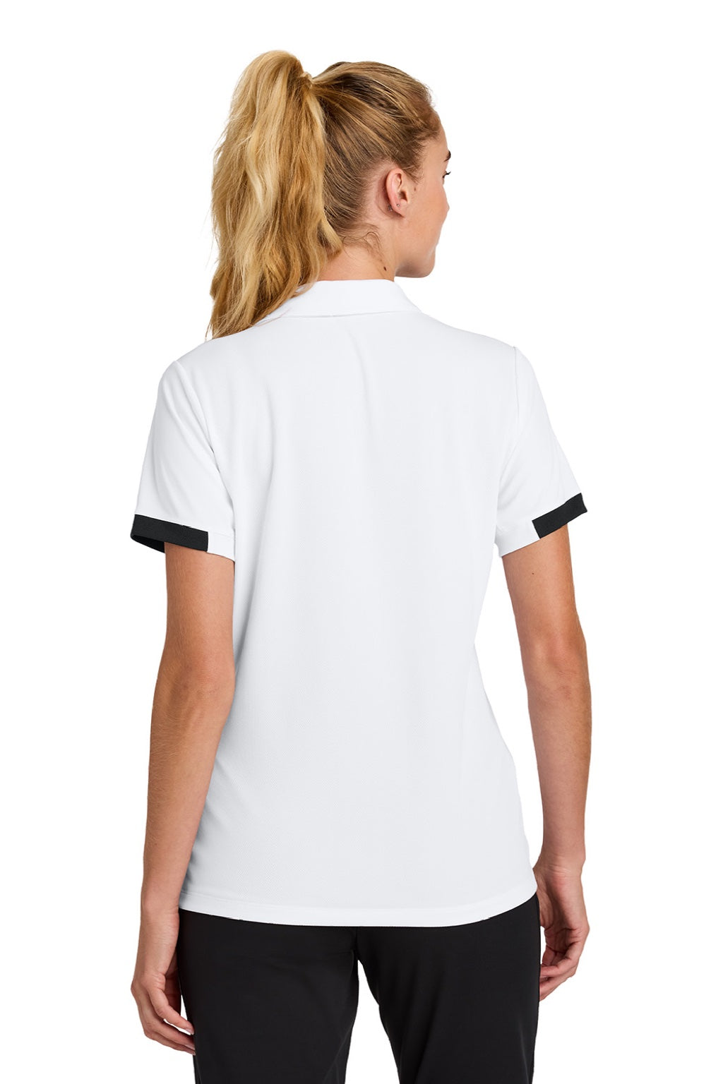 Sport-Tek LST444 Womens Club Colorblock Moisture Wicking Short Sleeve Polo Shirt White/Black Model Back
