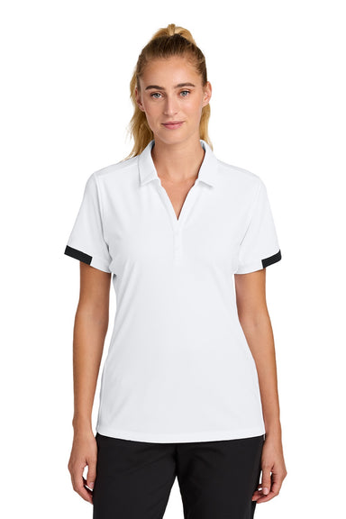 Sport-Tek LST444 Womens Club Colorblock Moisture Wicking Short Sleeve Polo Shirt White/Black Model Front