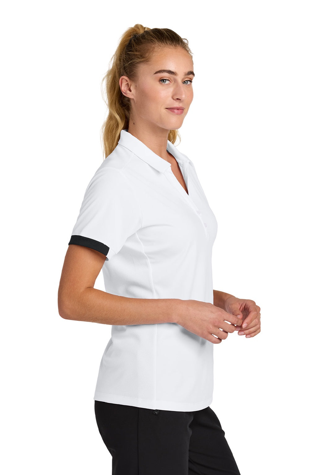 Sport-Tek LST444 Womens Club Colorblock Moisture Wicking Short Sleeve Polo Shirt White/Black Model Side
