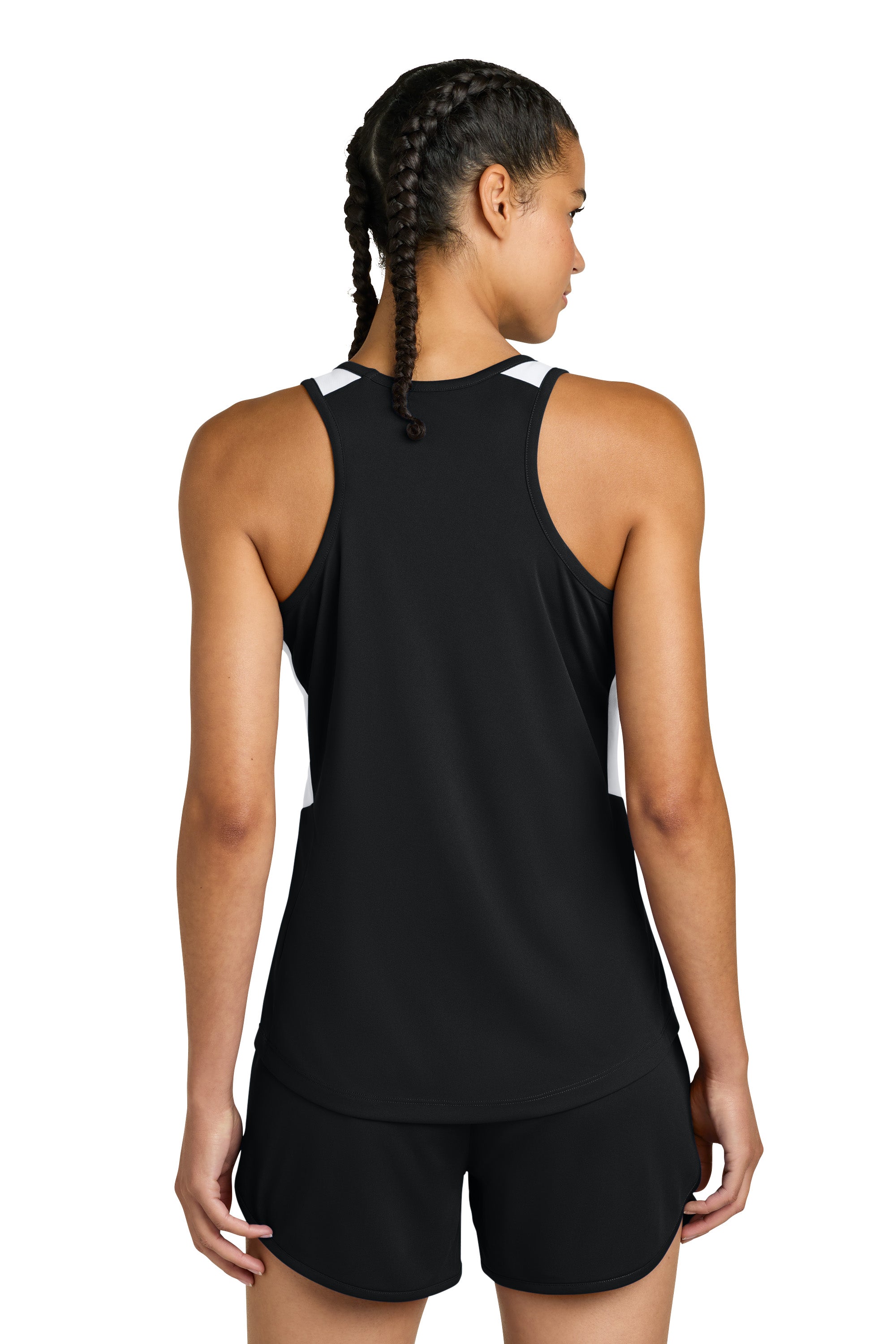 Sport-Tek LST446 Womens Club Track Tank Top Black/White Model Back