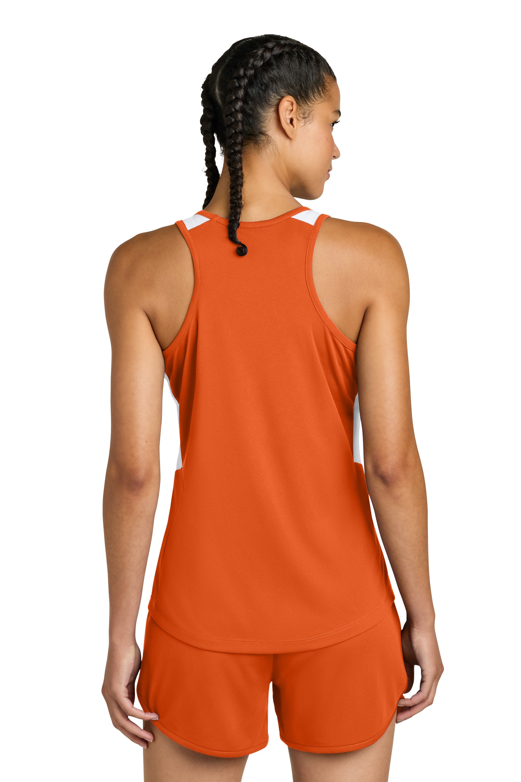 Sport-Tek LST446 Womens Club Track Tank Top Deep Orange/White Model Back