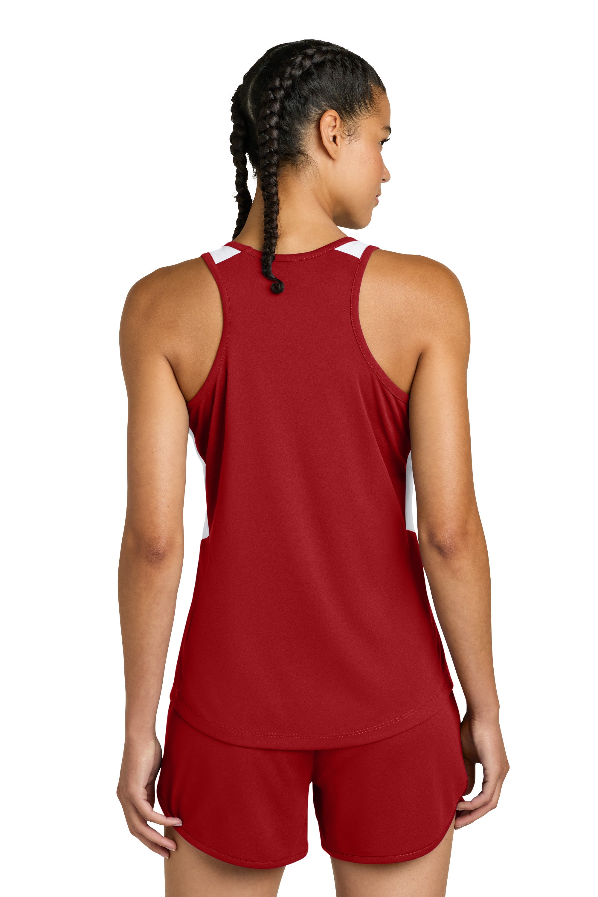 Sport-Tek LST446 Womens Club Track Tank Top Deep Red/White Model Back
