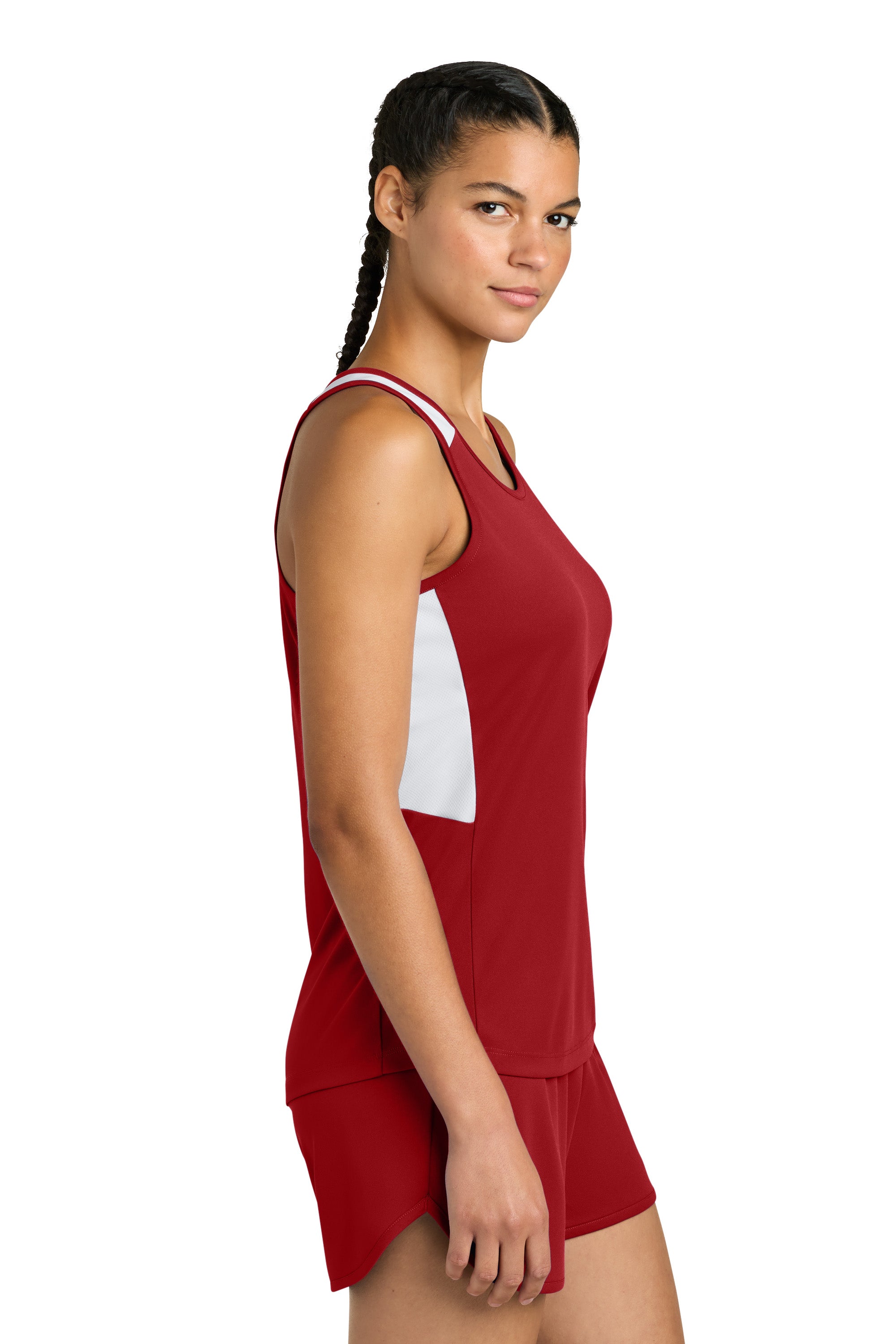 Sport-Tek LST446 Womens Club Track Tank Top Deep Red/White Model Side