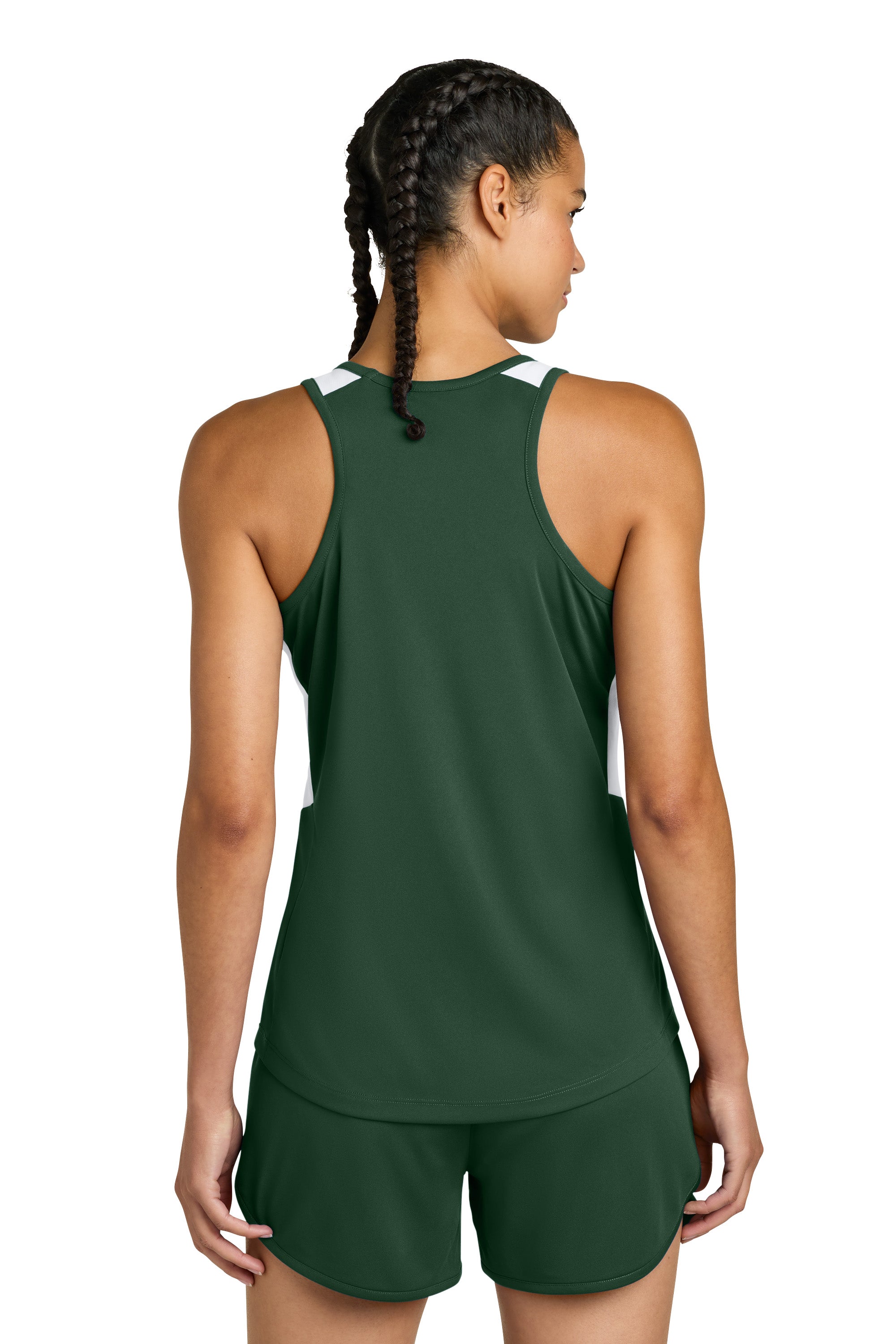Sport-Tek LST446 Womens Club Track Tank Top Forest Green/White Model Back