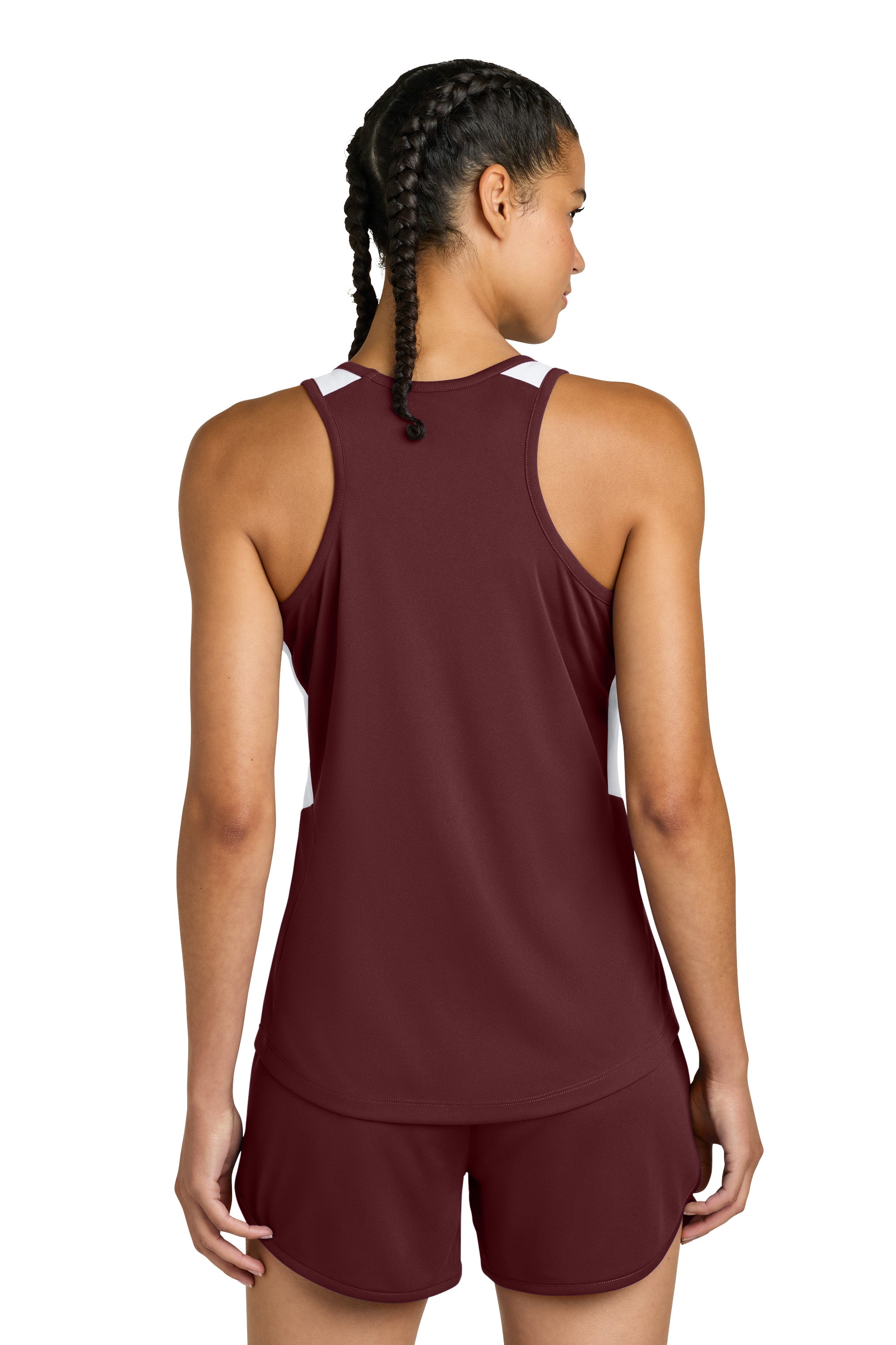 Sport-Tek LST446 Womens Club Track Tank Top Maroon/White Model Back