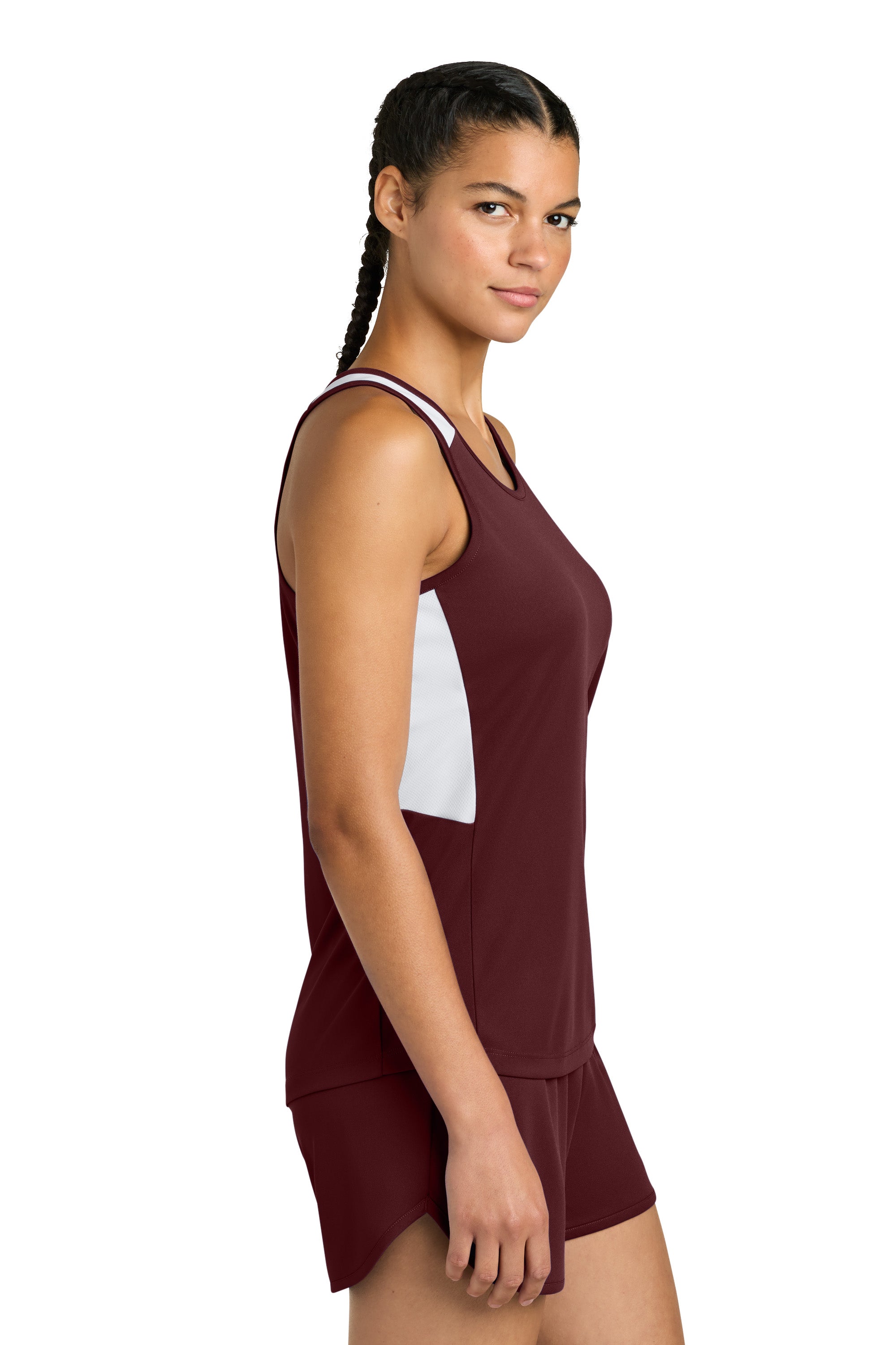 Sport-Tek LST446 Womens Club Track Tank Top Maroon/White Model Side