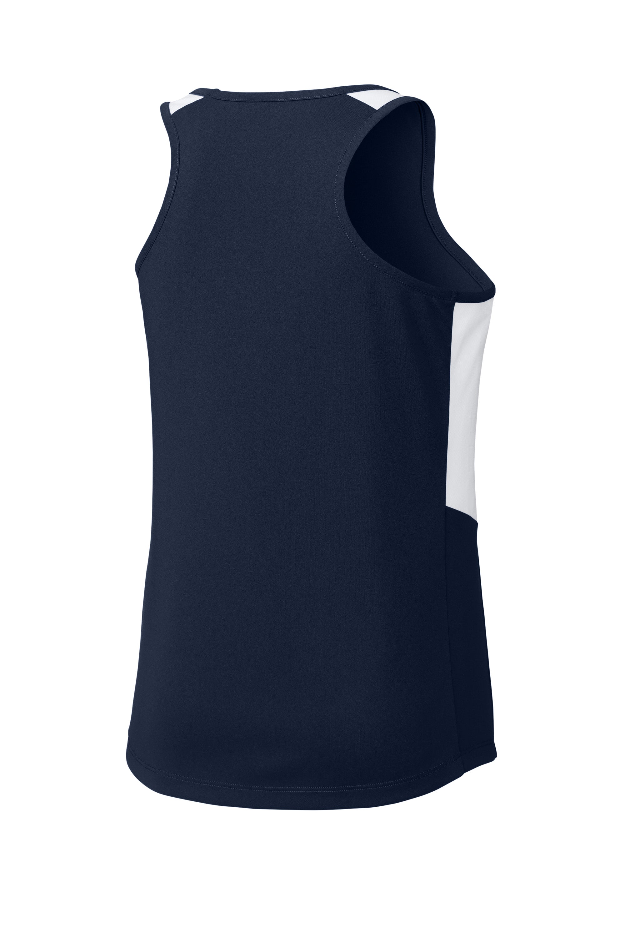 Sport-Tek LST446 Womens Club Track Tank Top True Navy Blue/White Forn Back
