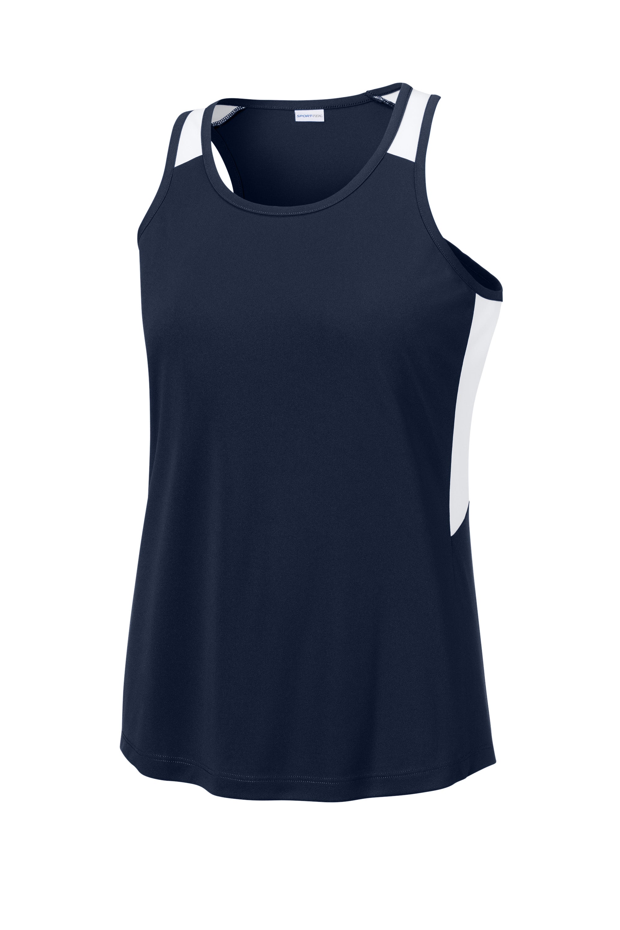 Sport-Tek LST446 Womens Club Track Tank Top True Navy Blue/White Form Front