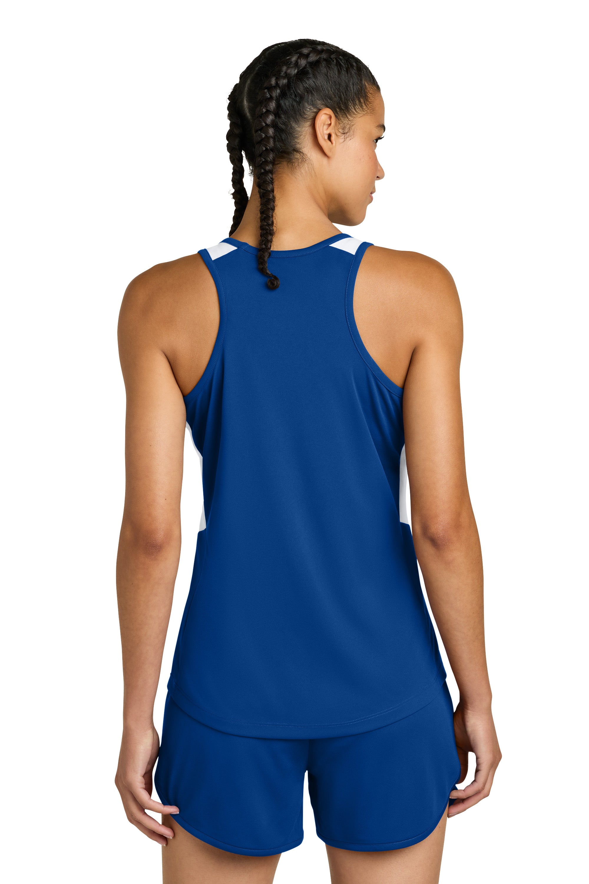 Sport-Tek LST446 Womens Club Track Tank Top True Royal Blue/White Model Back