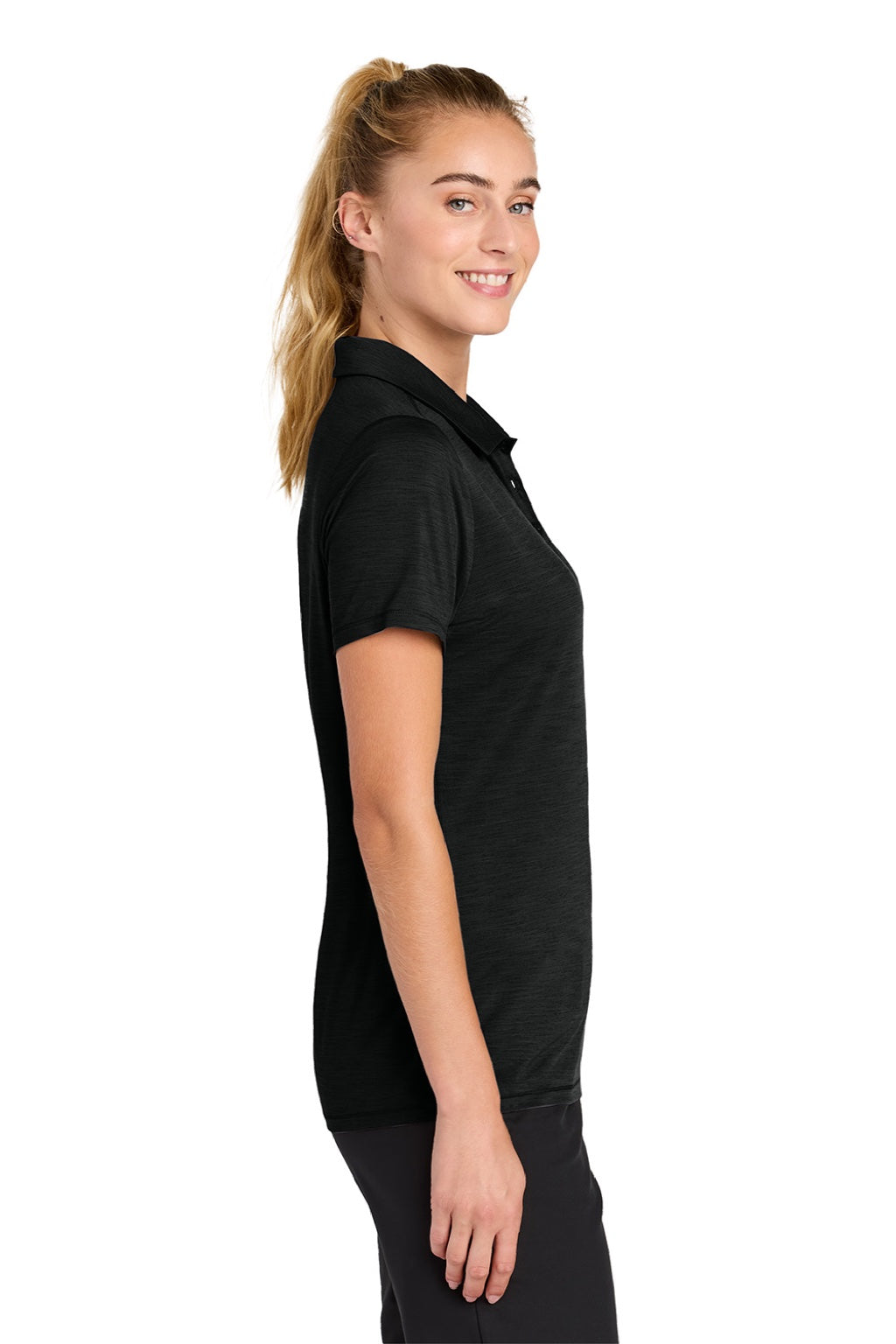 Sport-Tek LST490 Womens Versa Moisture Wicking Short Sleeve Polo Shirt Black Model Side