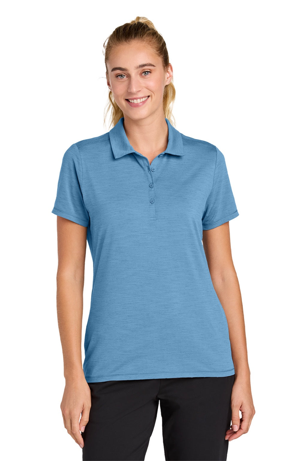Sport-Tek LST490 Womens Versa Moisture Wicking Short Sleeve Polo Shirt Carolina Blue Model Front