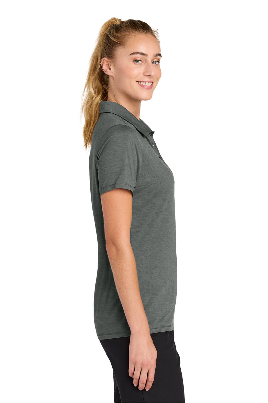 Sport-Tek LST490 Womens Versa Moisture Wicking Short Sleeve Polo Shirt Shadow Grey Model Side