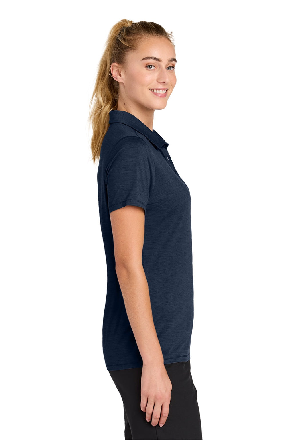 Sport-Tek LST490 Womens Versa Moisture Wicking Short Sleeve Polo Shirt True Navy Blue Model Side