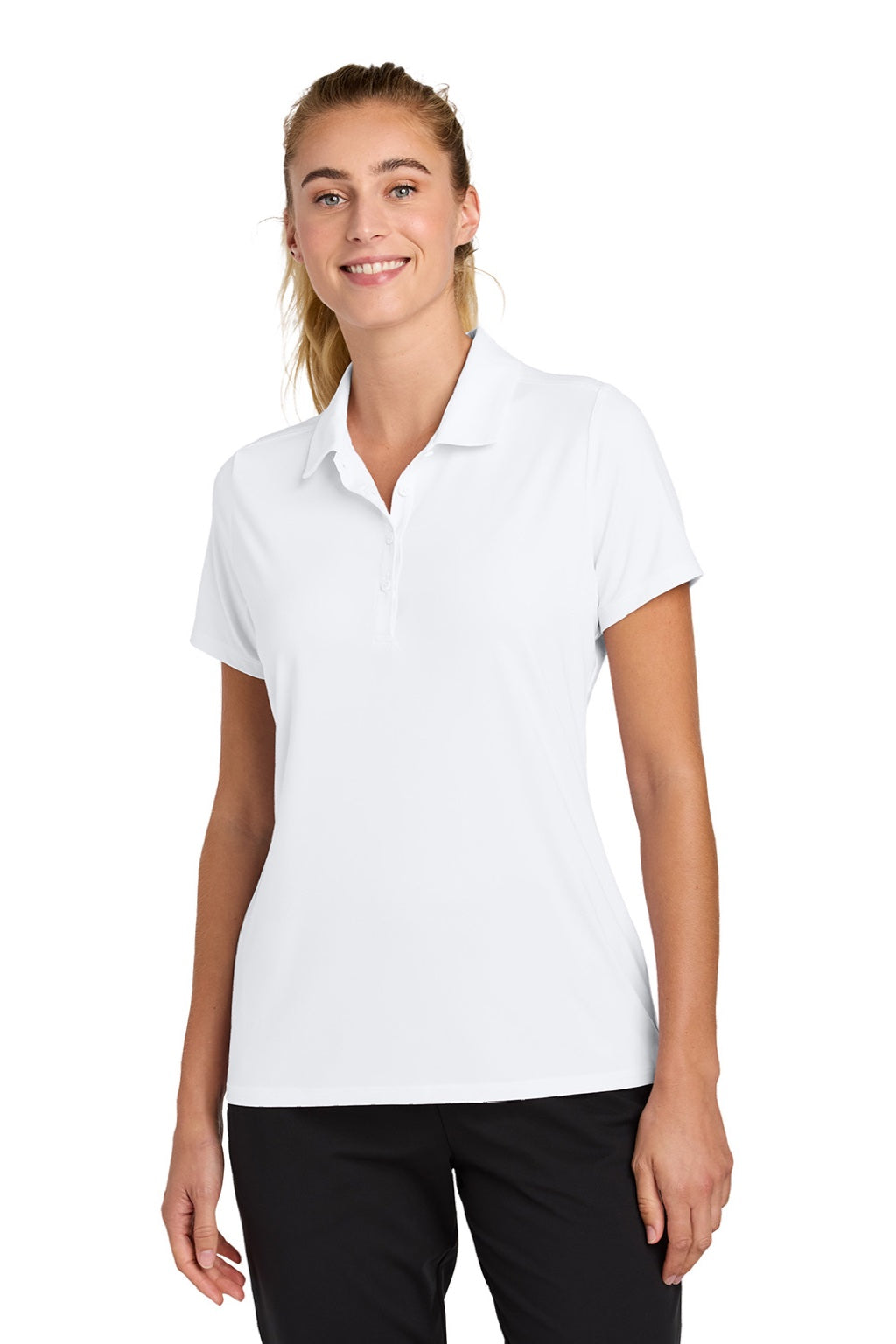 Sport-Tek LST490 Womens Versa Moisture Wicking Short Sleeve Polo Shirt White Model Front