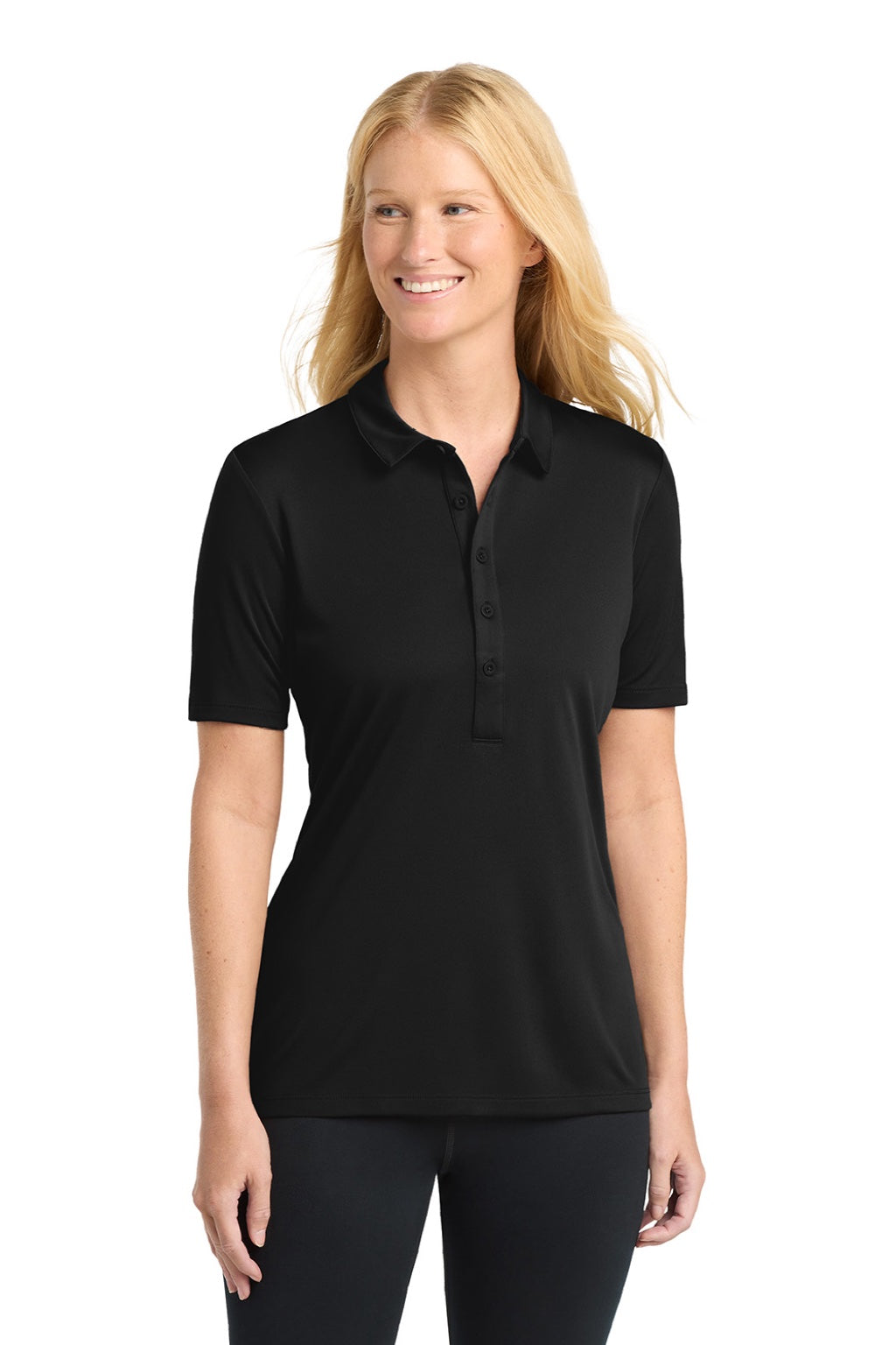 Sport-Tek LST520 Womens Moisture Wicking Short Sleeve Polo Shirt Black Model Front