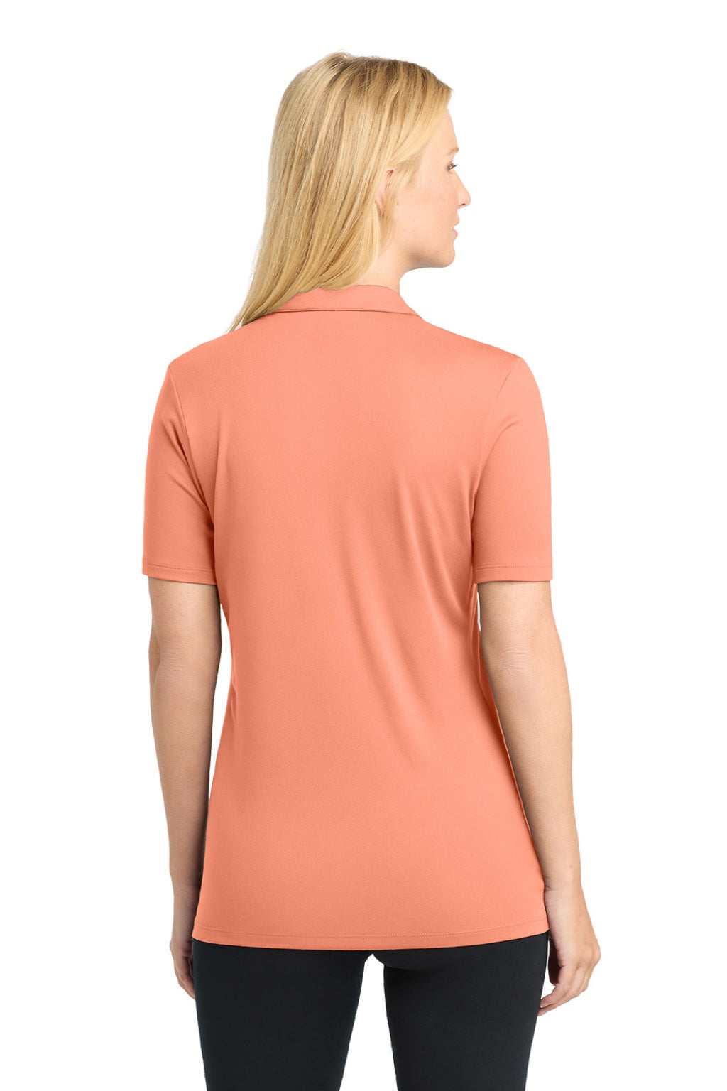 Sport-Tek LST520 Womens Moisture Wicking Short Sleeve Polo Shirt Soft Coral Orange Model Back