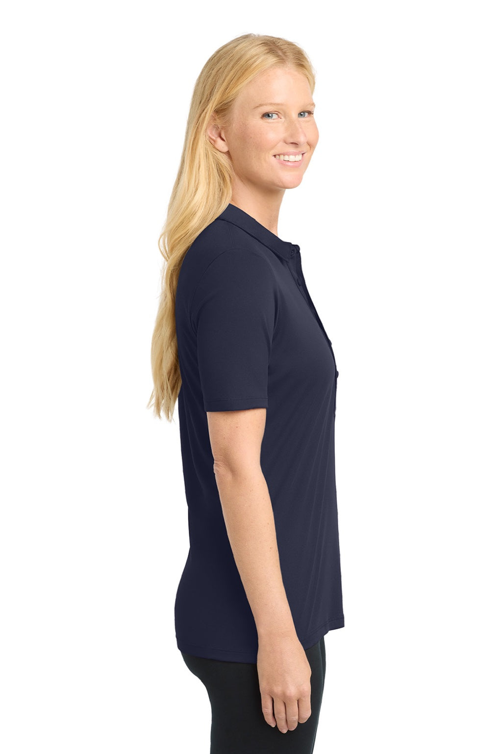 Sport-Tek LST520 Womens Moisture Wicking Short Sleeve Polo Shirt True Navy Blue Model Side