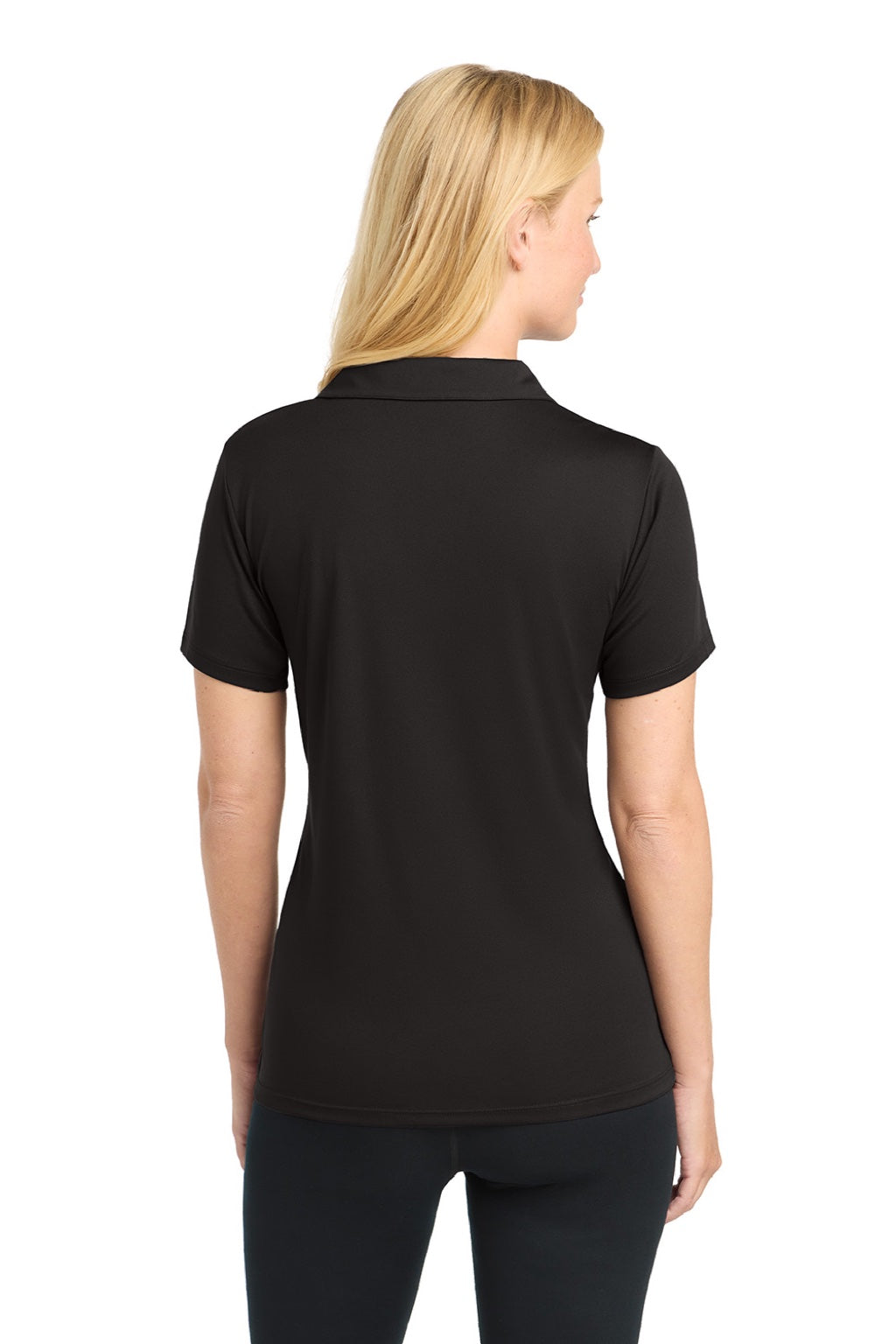 Sport-Tek LST550 Womens Competitor Moisture Wicking Short Sleeve Polo Shirt Black Model Back