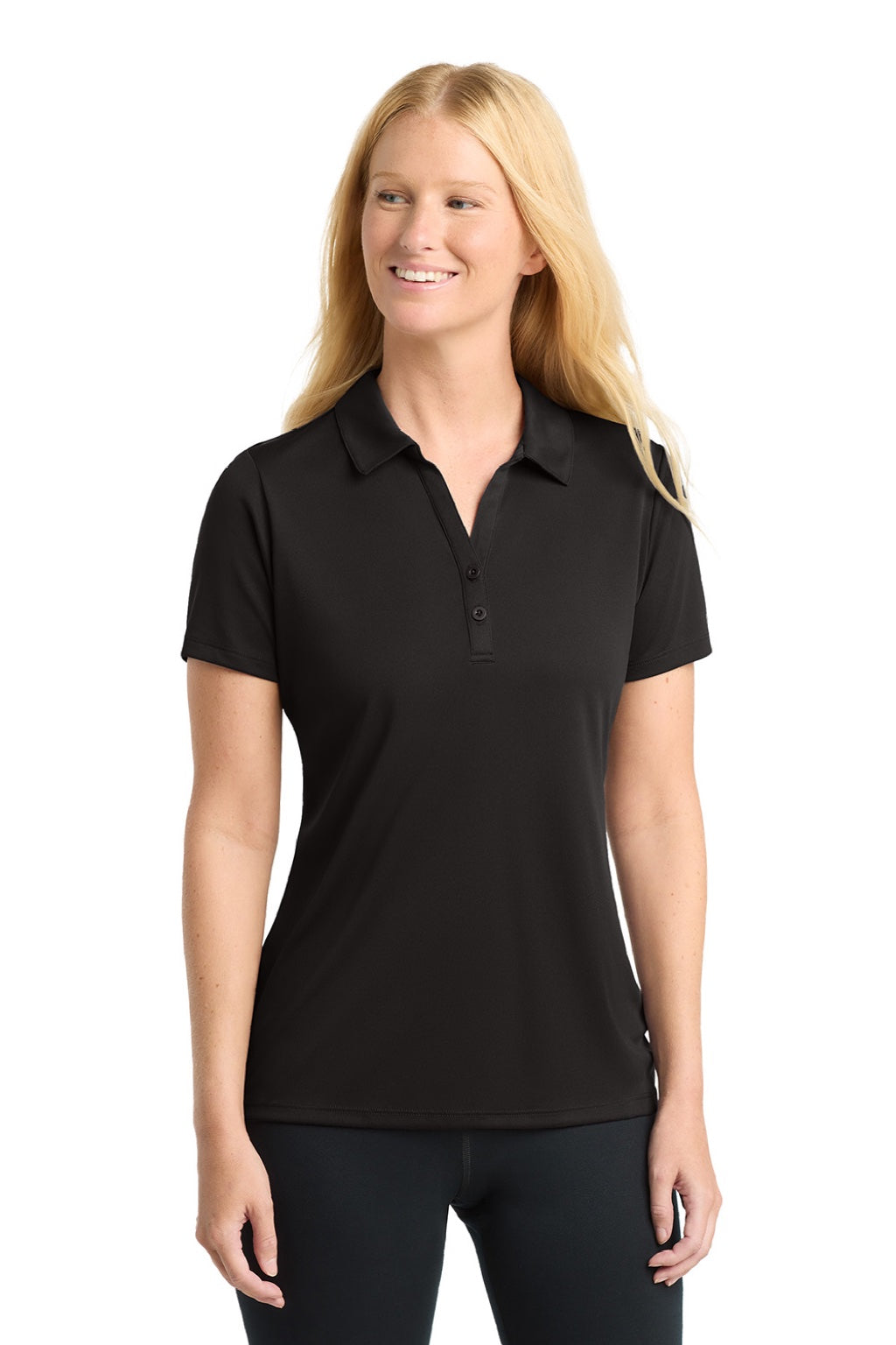 Sport-Tek LST550 Womens Competitor Moisture Wicking Short Sleeve Polo Shirt Black Model Front