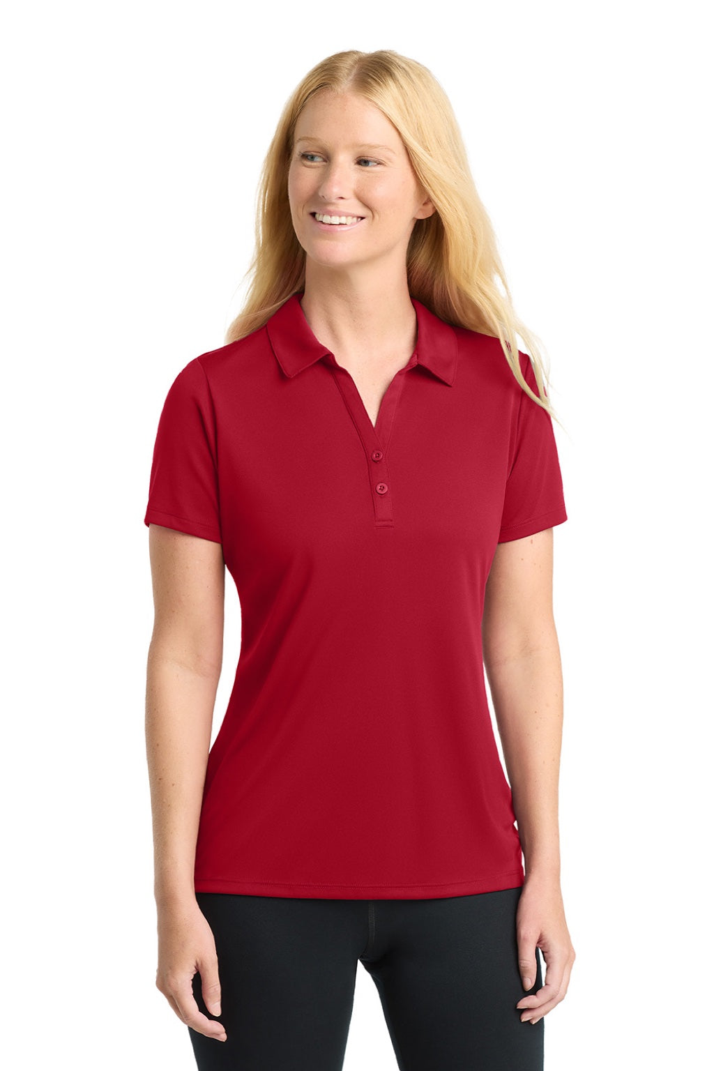 Sport-Tek LST550 Womens Competitor Moisture Wicking Short Sleeve Polo Shirt Deep Red Model Front