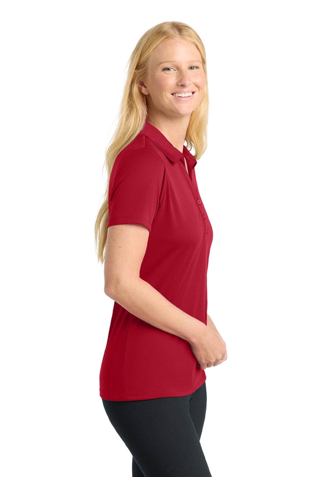 Sport-Tek LST550 Womens Competitor Moisture Wicking Short Sleeve Polo Shirt Deep Red Model Side