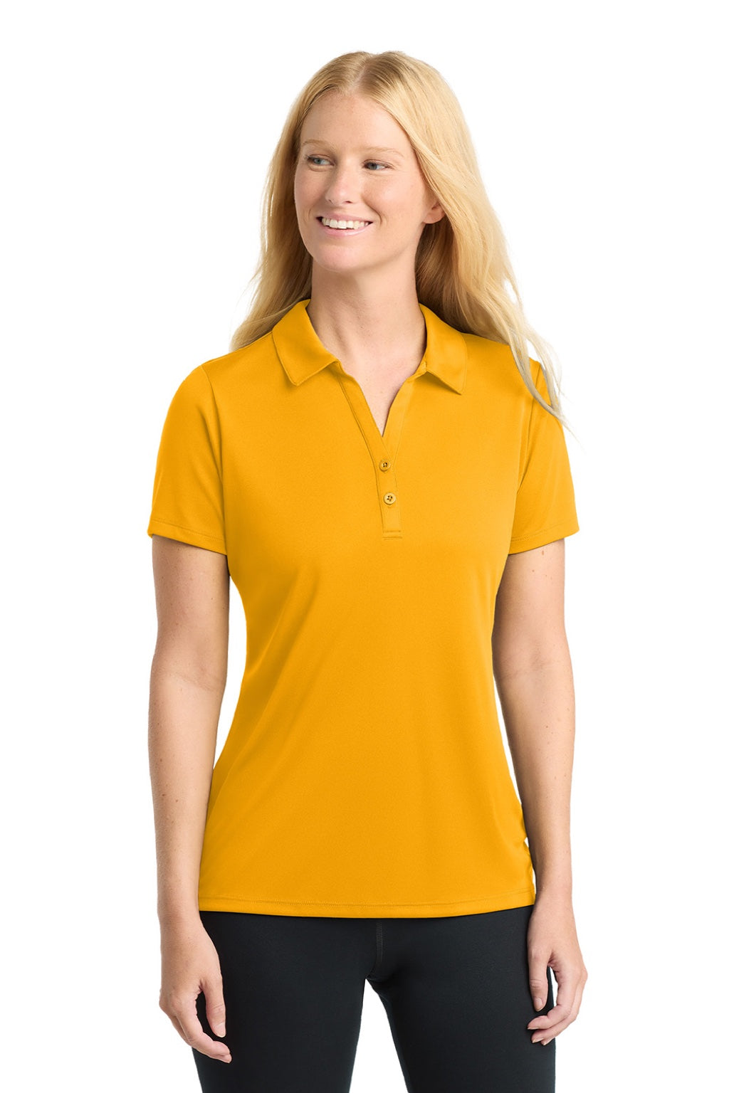 Sport-Tek LST550 Womens Competitor Moisture Wicking Short Sleeve Polo Shirt Gold Model Front