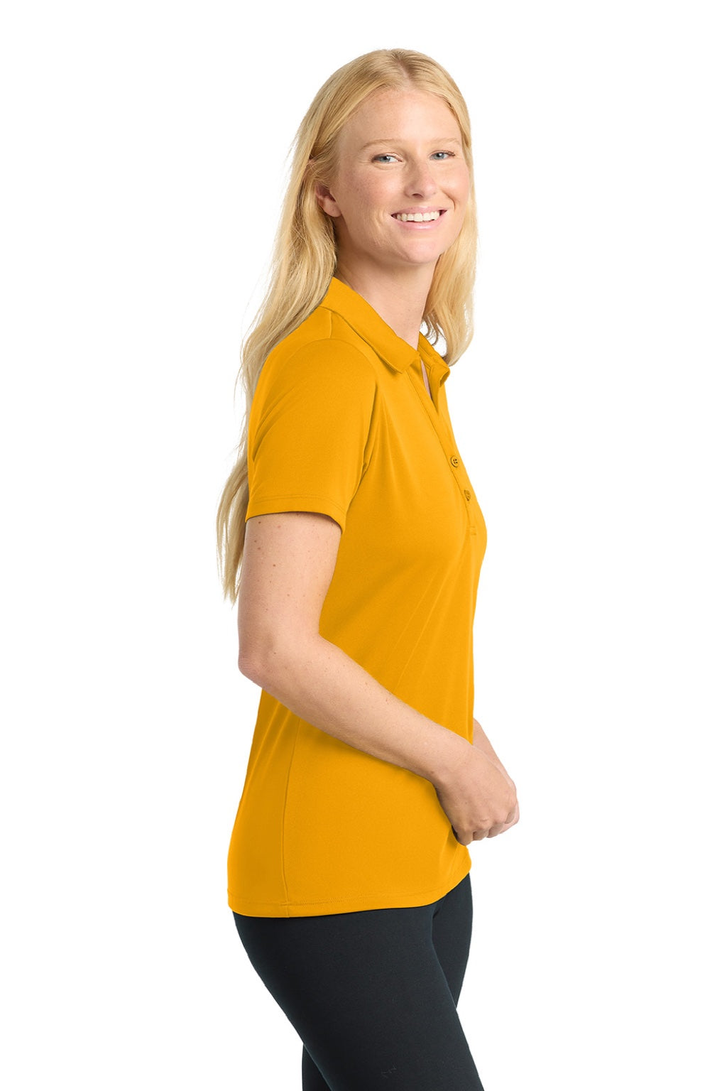 Sport-Tek LST550 Womens Competitor Moisture Wicking Short Sleeve Polo Shirt Gold Model Side
