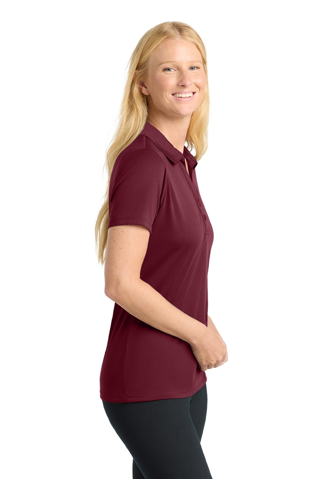 Sport-Tek LST550 Womens Competitor Moisture Wicking Short Sleeve Polo Shirt Maroon Model Side