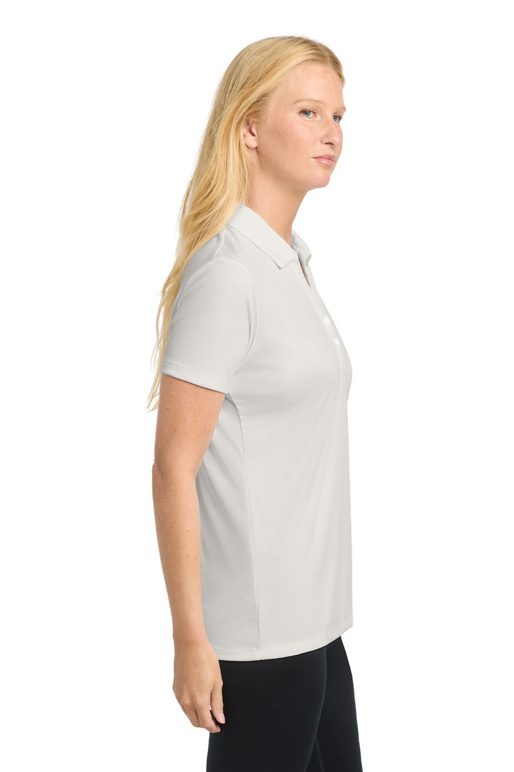 Sport-Tek LST550 Womens Competitor Moisture Wicking Short Sleeve Polo Shirt Silver Grey Model Side