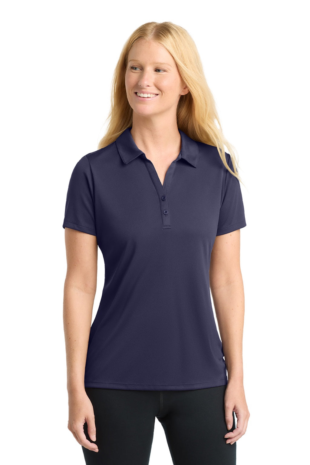 Sport-Tek LST550 Womens Competitor Moisture Wicking Short Sleeve Polo Shirt True Navy Blue Model Front