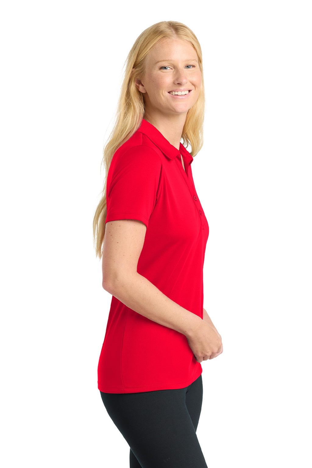 Sport-Tek LST550 Womens Competitor Moisture Wicking Short Sleeve Polo Shirt True Red Model Side