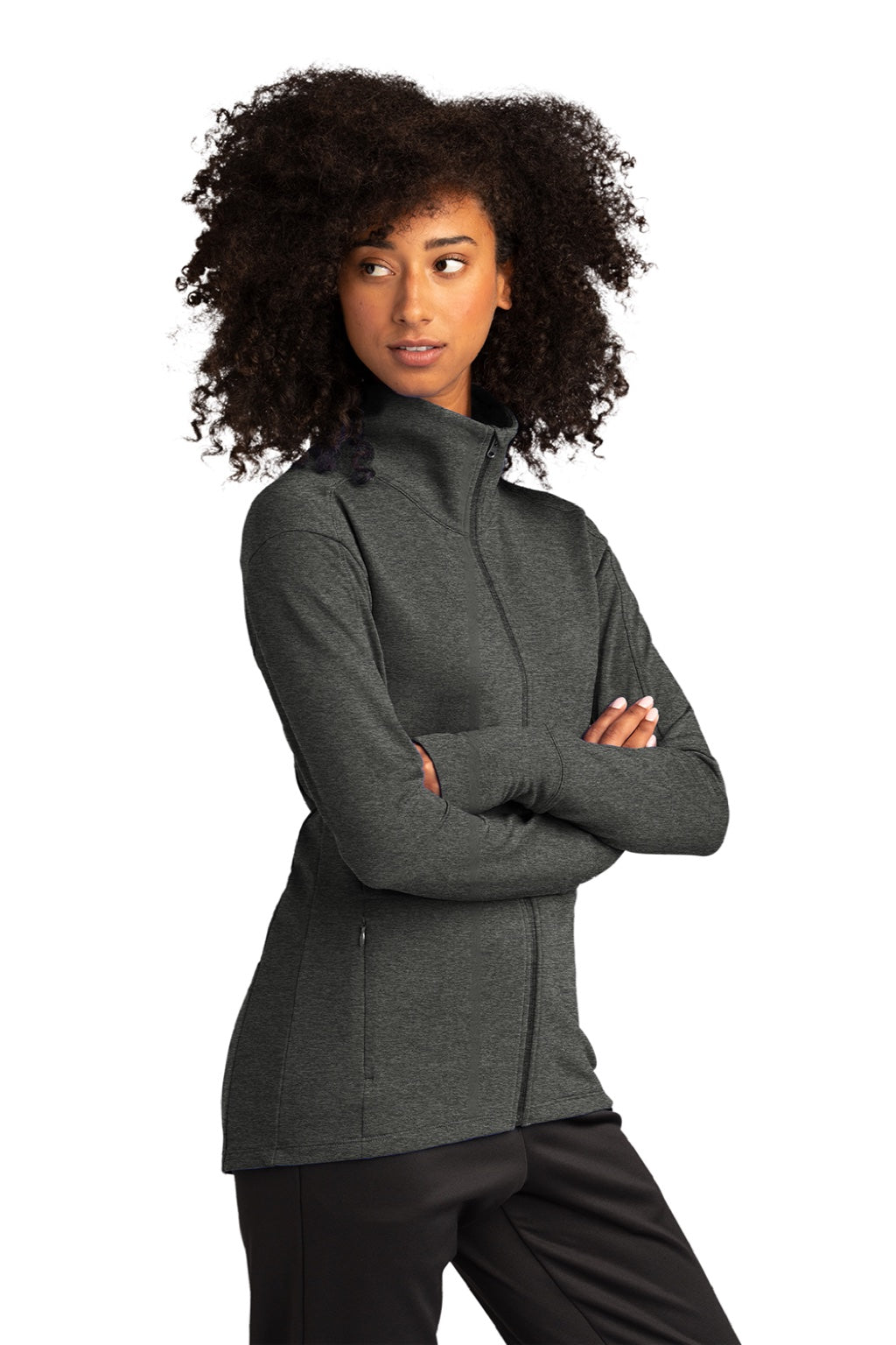 Sport-Tek LST560 Womens Flex Fleece Moisture Wicking Full Zip Sweatshirt w/ Pockets Heather Dark Grey Model 3q