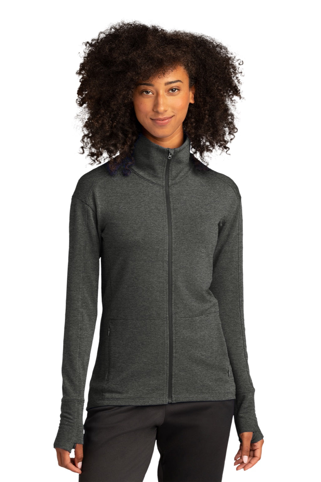 Sport-Tek LST560 Womens Flex Fleece Moisture Wicking Full Zip Sweatshirt w/ Pockets Heather Dark Grey Model Front