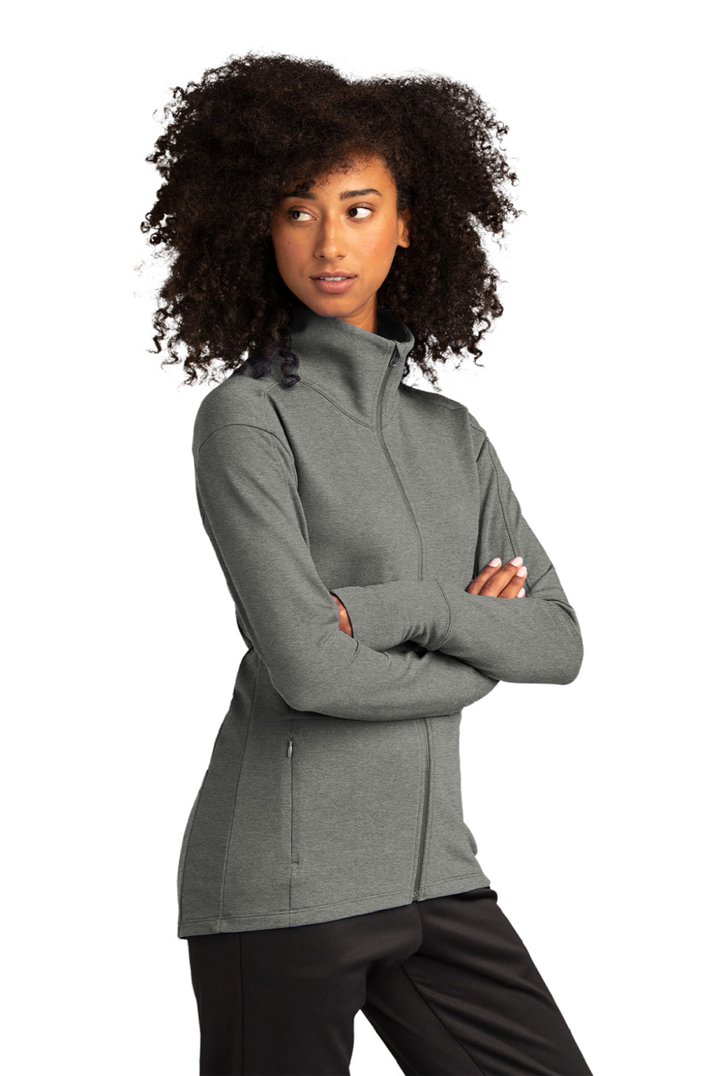 Sport-Tek LST560 Womens Flex Fleece Moisture Wicking Full Zip Sweatshirt w/ Pockets Heather Light Grey Model 3q