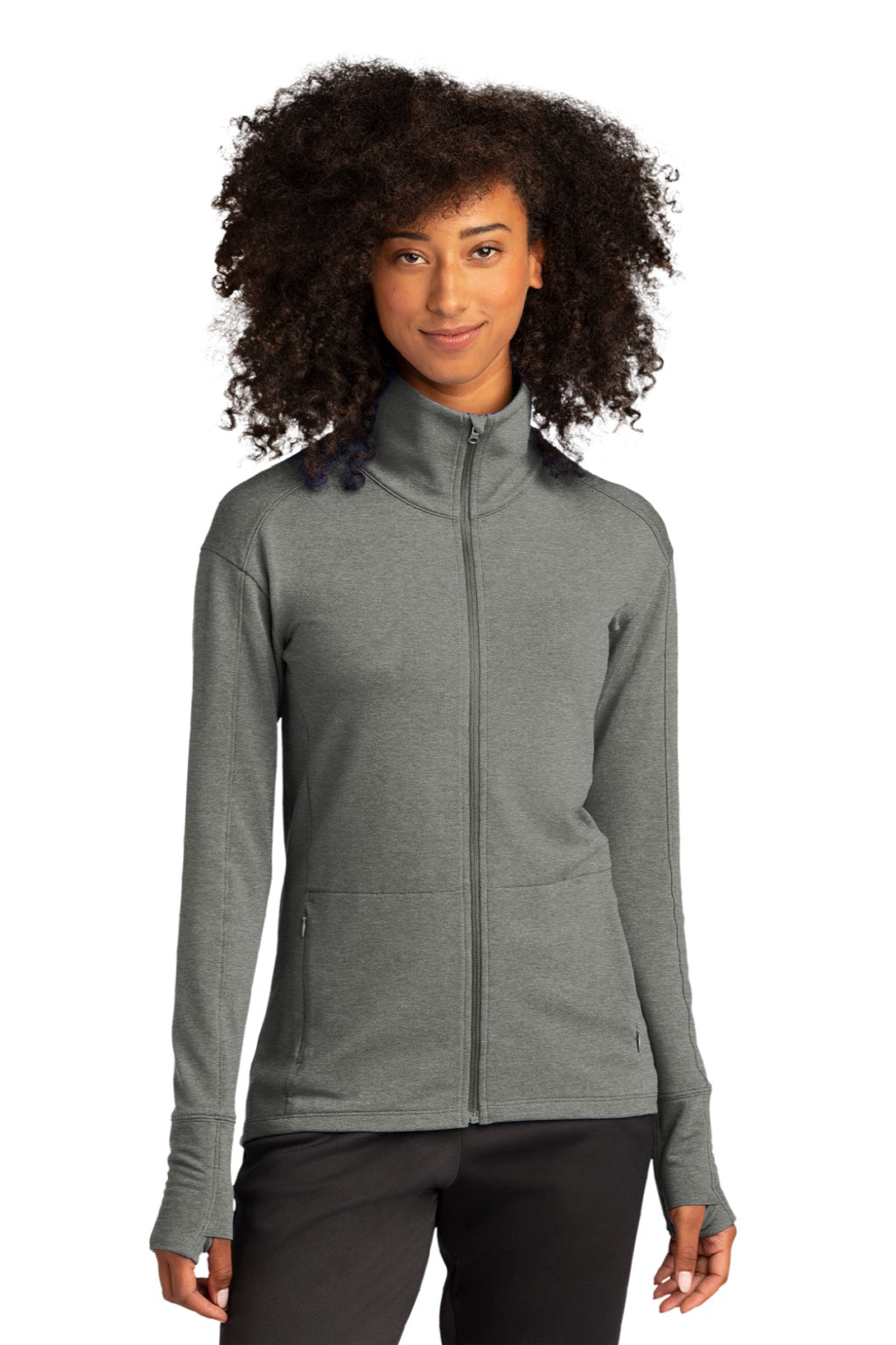 Sport-Tek LST560 Womens Flex Fleece Moisture Wicking Full Zip Sweatshirt w/ Pockets Heather Light Grey Model Front