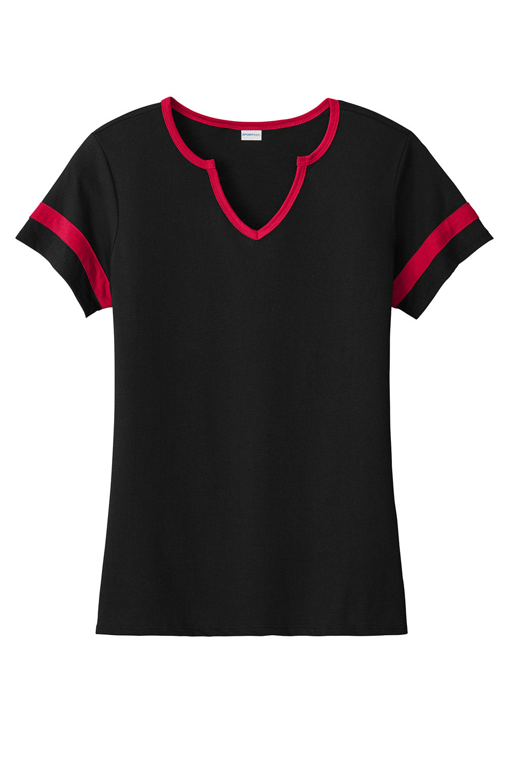 Sport-Tek LST6041 Womens Halftime Notch Neck Short Sleeve T-Shirt Black/Deep Red Flat Front