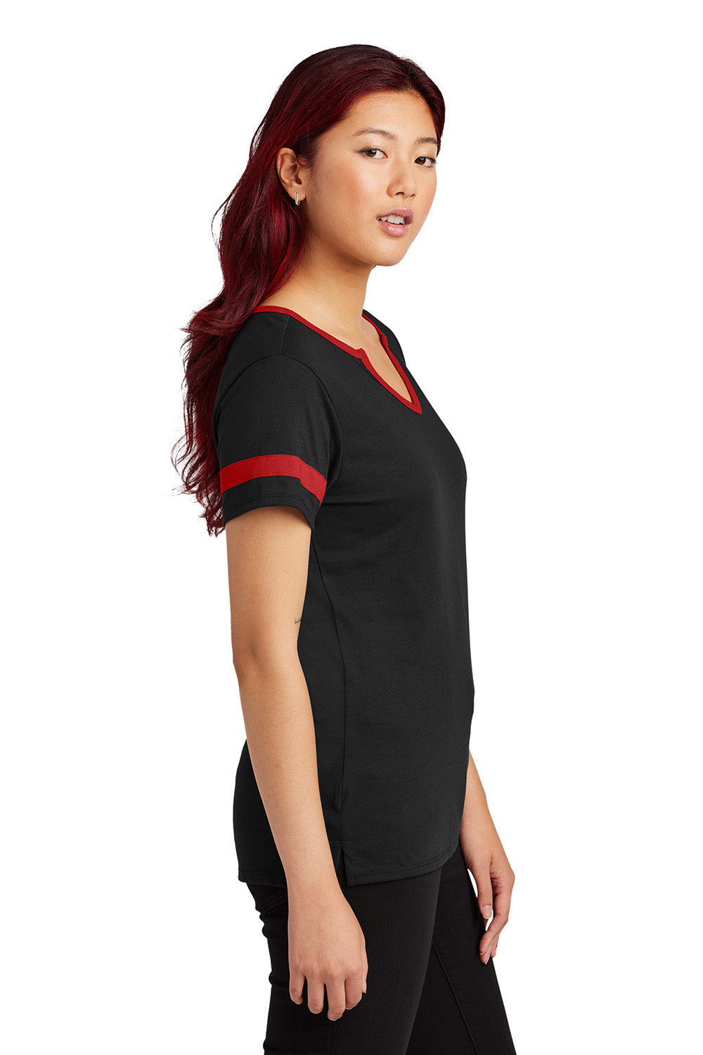Sport-Tek LST6041 Womens Halftime Notch Neck Short Sleeve T-Shirt Black/Deep Red Model Side