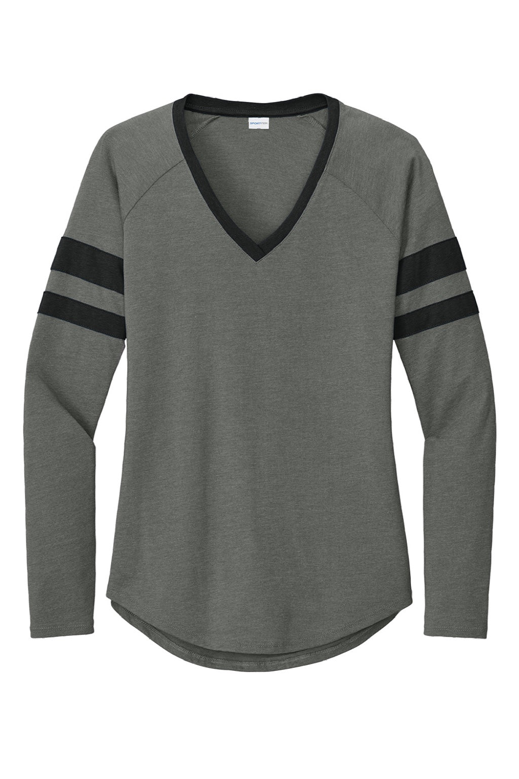 Sport-Tek LST6043 Womens Halftime Stripe Long Sleeve V-Neck T-Shirt Heather Vintage Grey/Black Flat Front