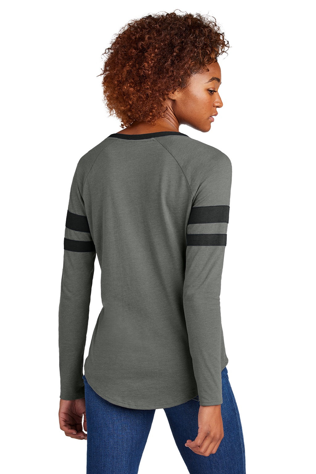 Sport-Tek LST6043 Womens Halftime Stripe Long Sleeve V-Neck T-Shirt Heather Vintage Grey/Black Model Back
