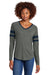 Sport-Tek LST6043 Womens Halftime Stripe Long Sleeve V-Neck T-Shirt Heather Vintage Grey/True Navy Blue Model Front
