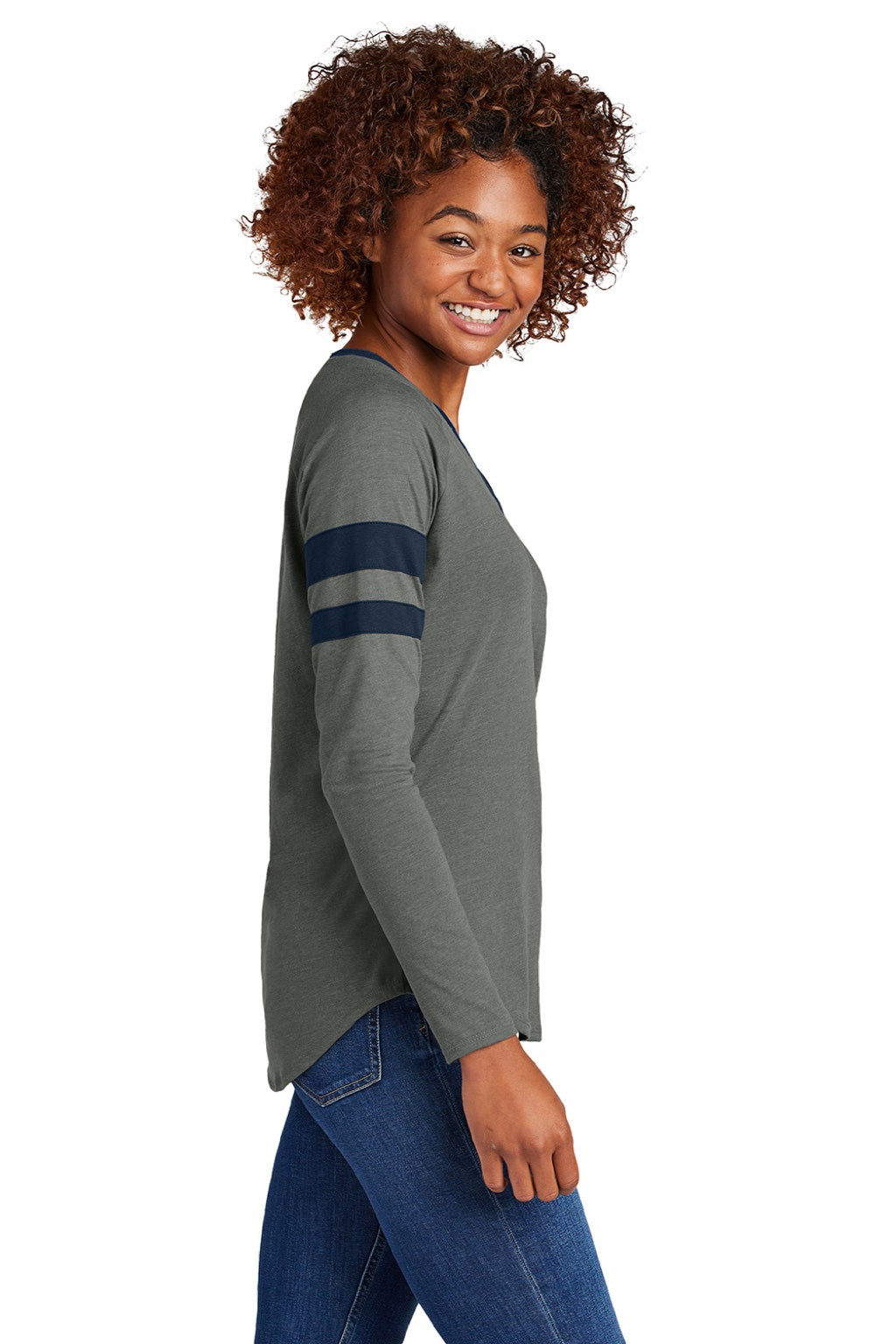 Sport-Tek LST6043 Womens Halftime Stripe Long Sleeve V-Neck T-Shirt Heather Vintage Grey/True Navy Blue Model Side