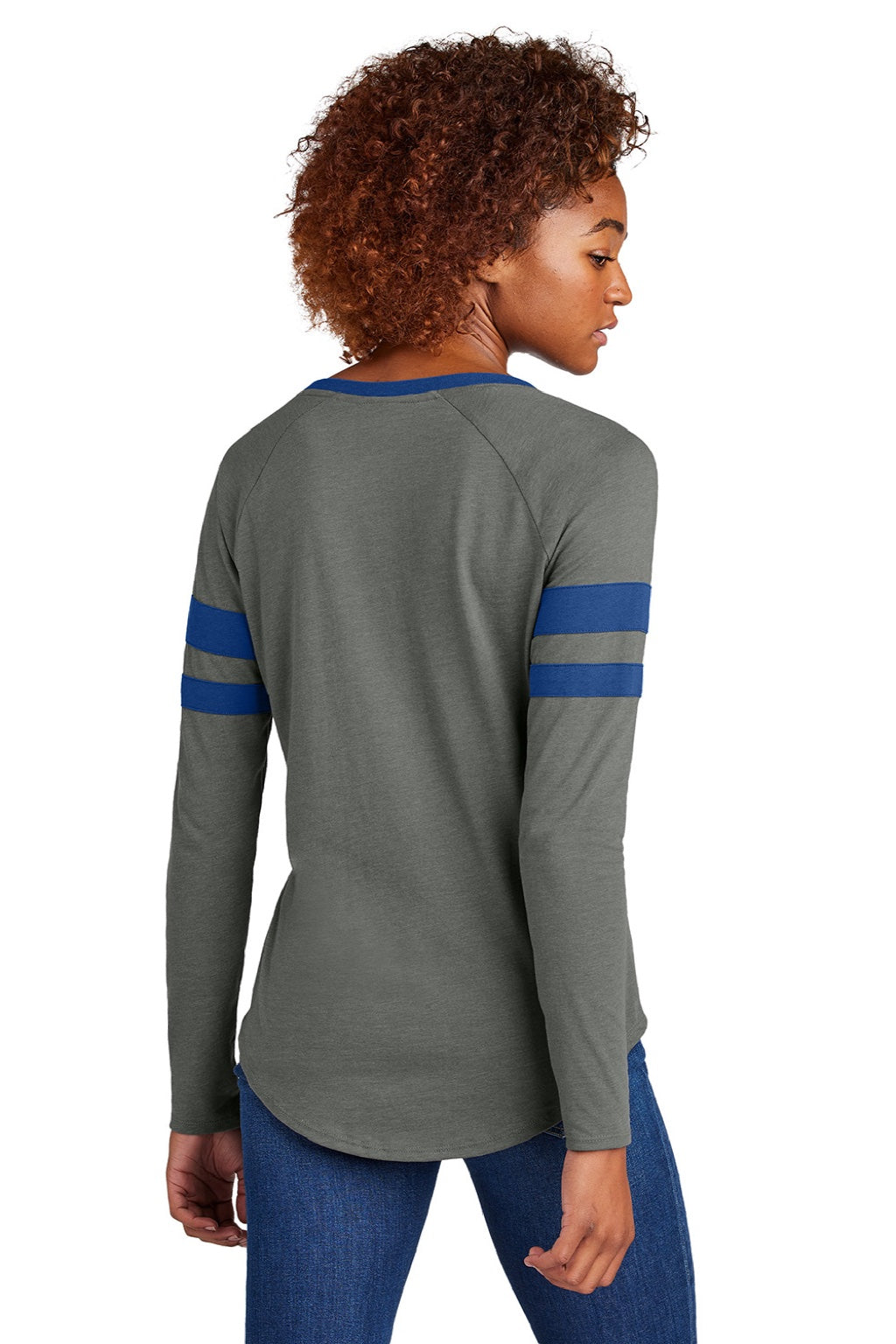 Sport-Tek LST6043 Womens Halftime Stripe Long Sleeve V-Neck T-Shirt Heather Vintage Grey/True Royal Blue Model Back