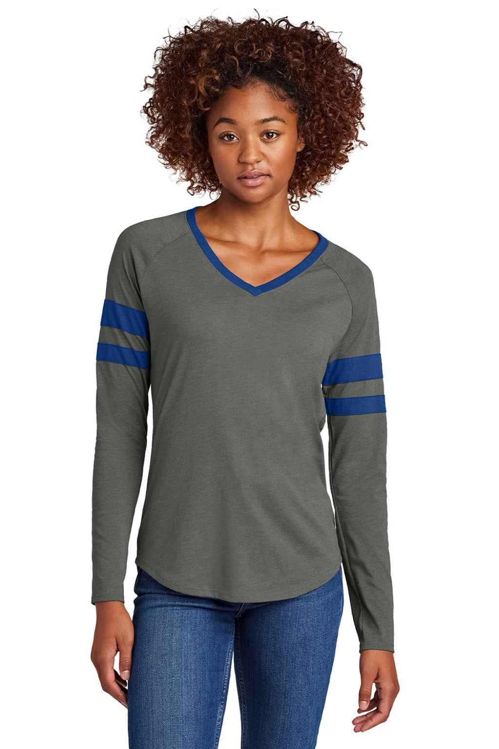 Sport-Tek LST6043 Womens Halftime Stripe Long Sleeve V-Neck T-Shirt Heather Vintage Grey/True Royal Blue Model Front