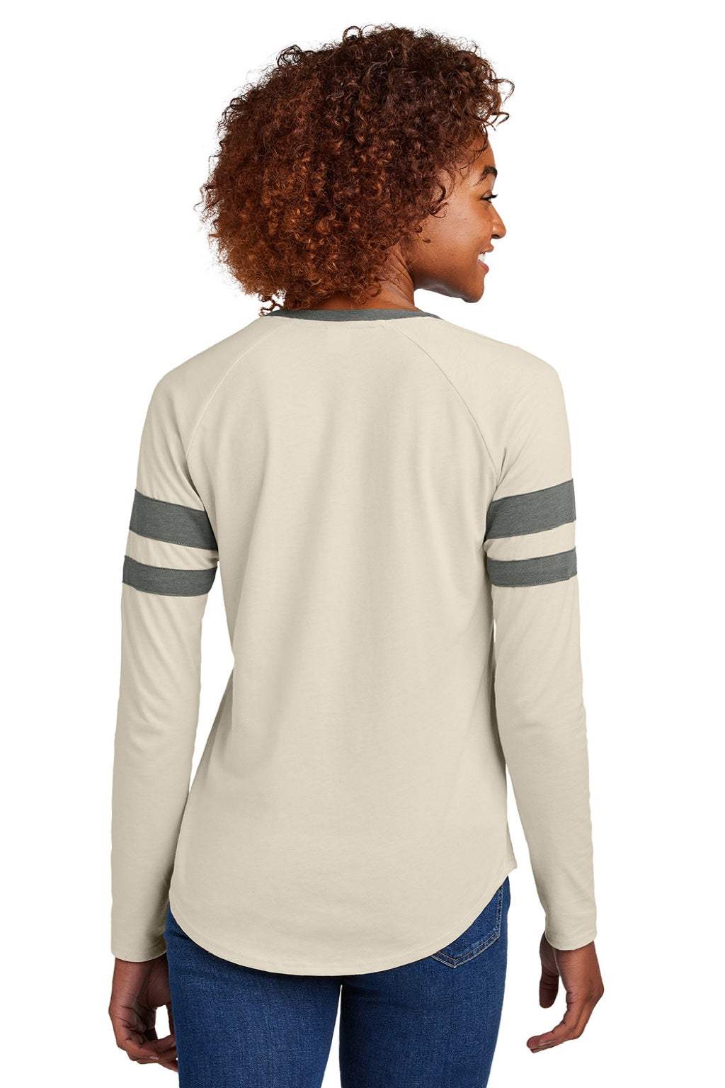 Sport-Tek LST6043 Womens Halftime Stripe Long Sleeve V-Neck T-Shirt Ecru/Heather Vintage Grey Model Back