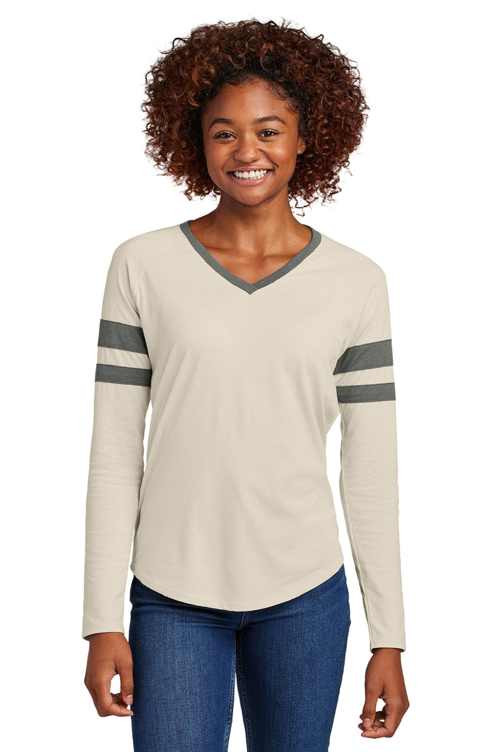 Sport-Tek LST6043 Womens Halftime Stripe Long Sleeve V-Neck T-Shirt Ecru/Heather Vintage Grey Model Front