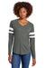 Sport-Tek LST6043 Womens Halftime Stripe Long Sleeve V-Neck T-Shirt Heather Vintage Grey/White Model Front