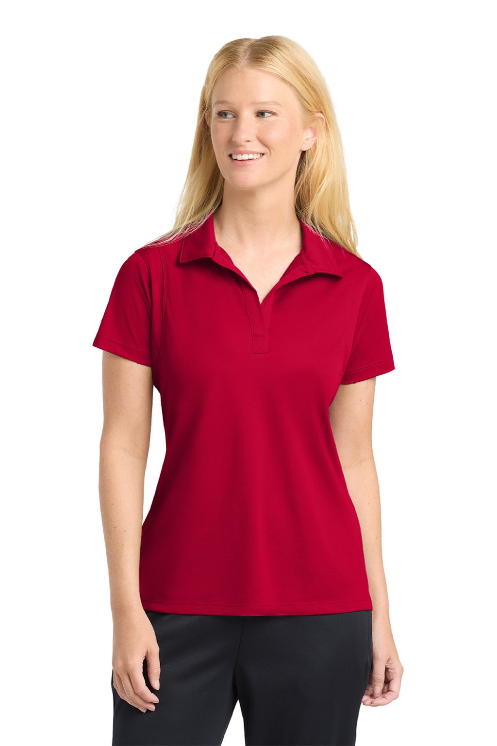 Sport-Tek LST650 Womens Sport-Wick Moisture Wicking Short Sleeve Polo Shirt Deep Red Model Front